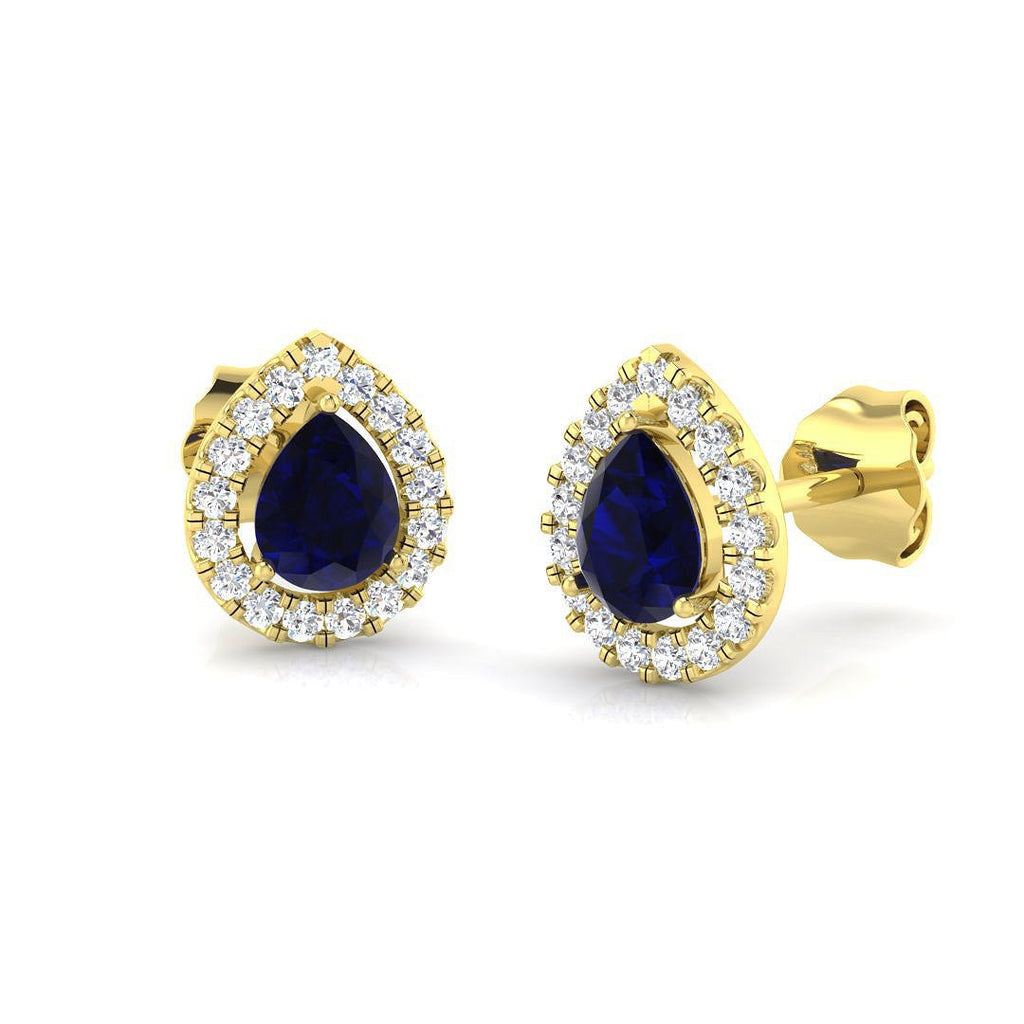 0.85ct Blue Sapphire & Diamond Pear Cluster Earrings 18k Yellow Gold - All Diamond
