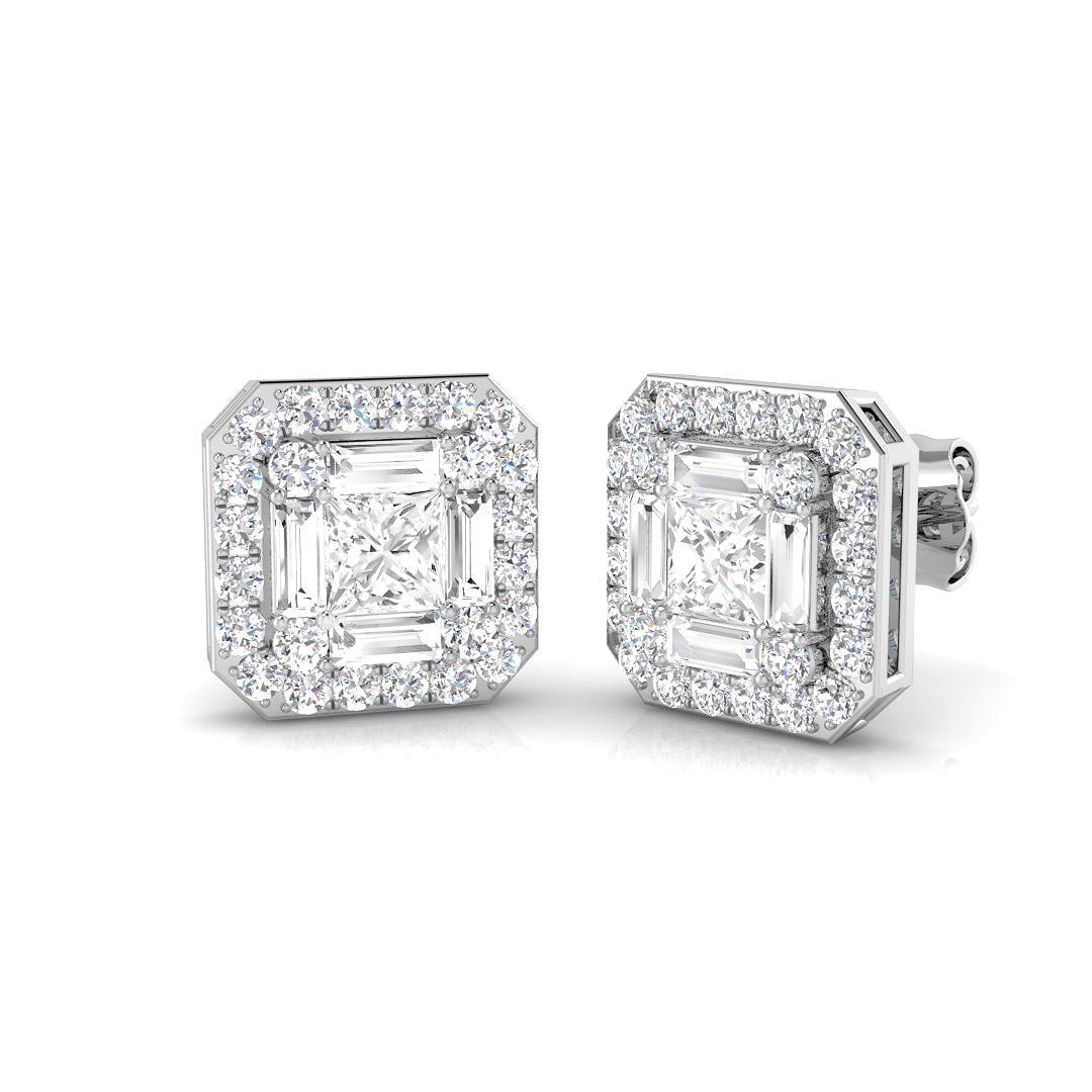 Diamond Cluster Sqaure Earrings 1.55ct G/SI Quality 18k White Gold - All Diamond
