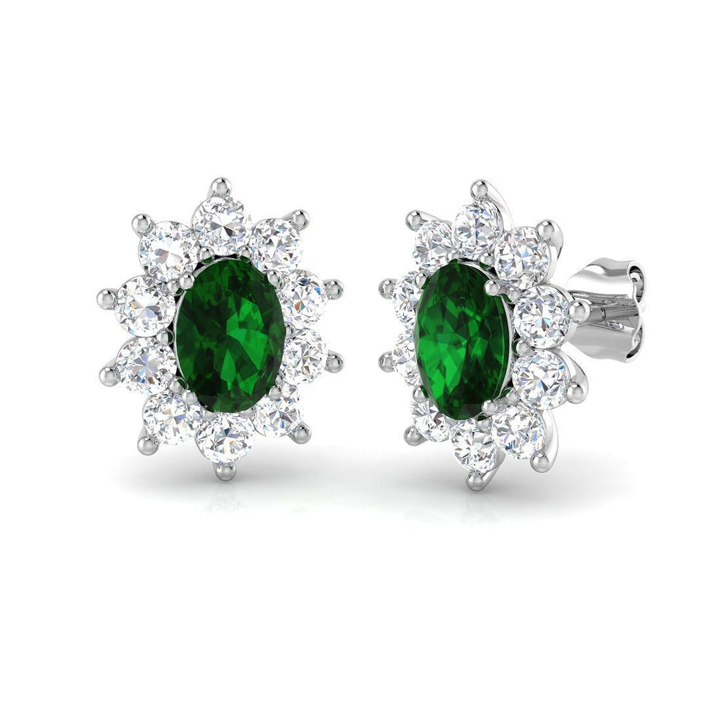 Diamond & Emerald Oval Cluster Earrings 2.80ct 18k White Gold - All Diamond