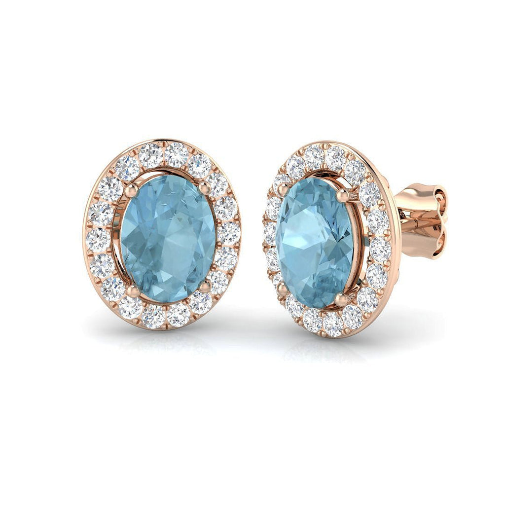 Oval 2.50ct Aquamarine & Diamond Halo Earrings in 18k Rose Gold - All Diamond