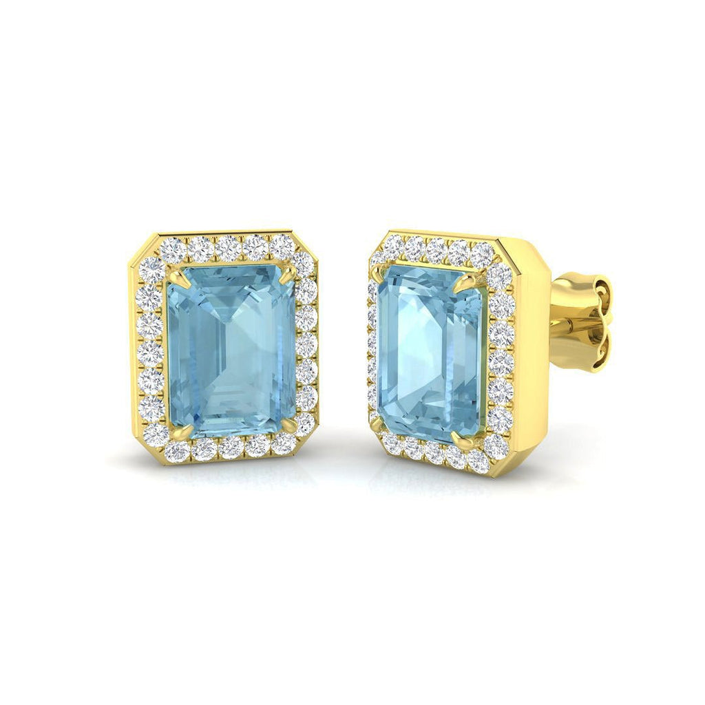 Rectangle 2.85ct Aquamarine & Diamond Halo Earrings in 18k Yellow Gold - All Diamond