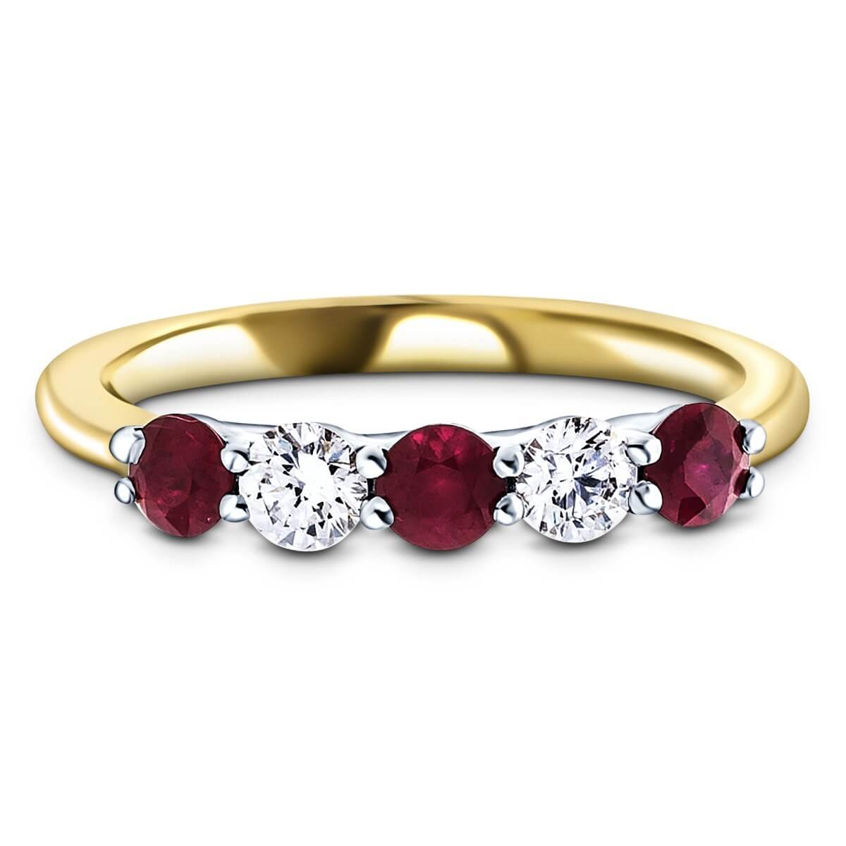 0.25ct Ruby 0.12ct Diamond Five Stone Ring 18k Yellow Gold - All Diamond