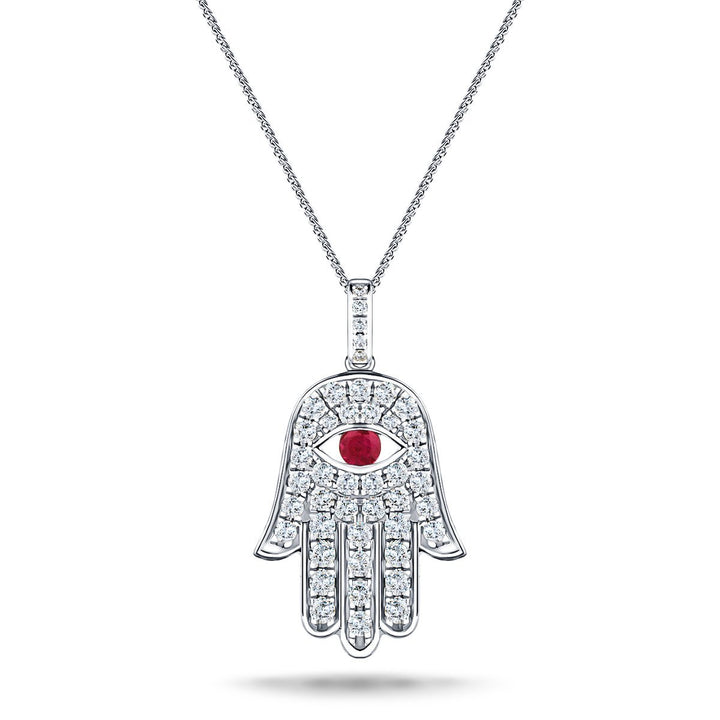 0.33ct Diamond Ruby 18K White Gold 'Evil Eye' Hamsa Pendant Necklace
