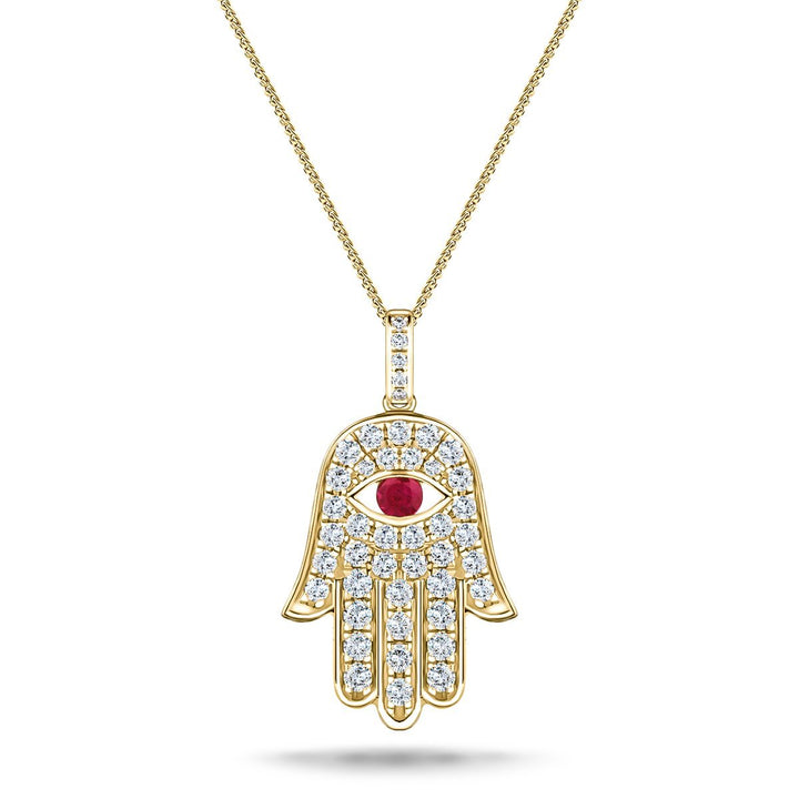 0.33ct Diamond Ruby 18K Yellow Gold 'Evil Eye' Hamsa Pendant Necklace