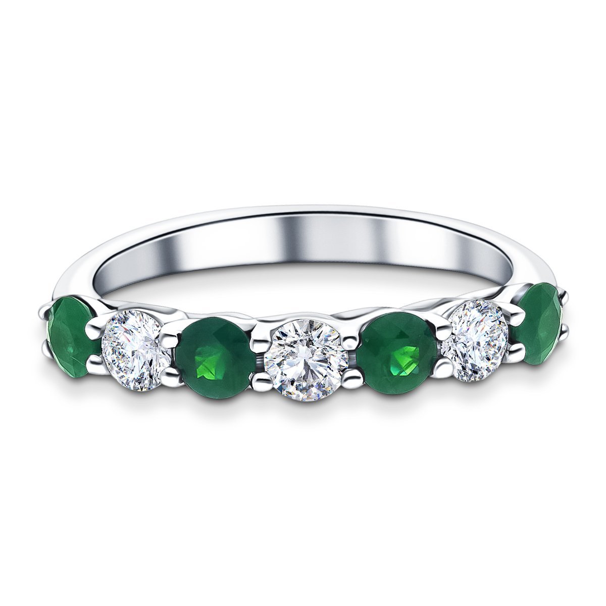 0.80ct Emerald 0.40ct Diamond Seven Stone Ring 18k White Gold - All Diamond