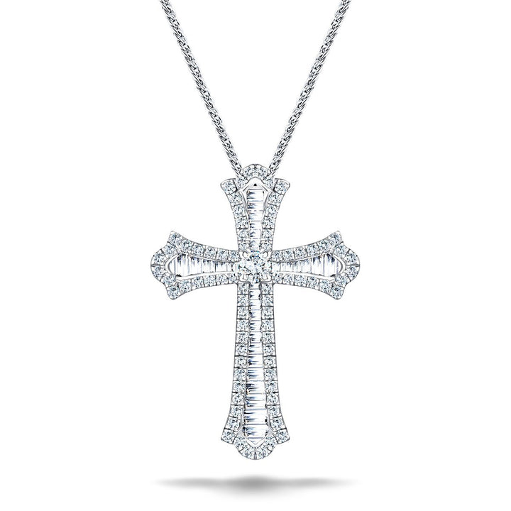 1.00ct Baguette and Round Cut Claw Set Diamond Cross in 18k White Gold
