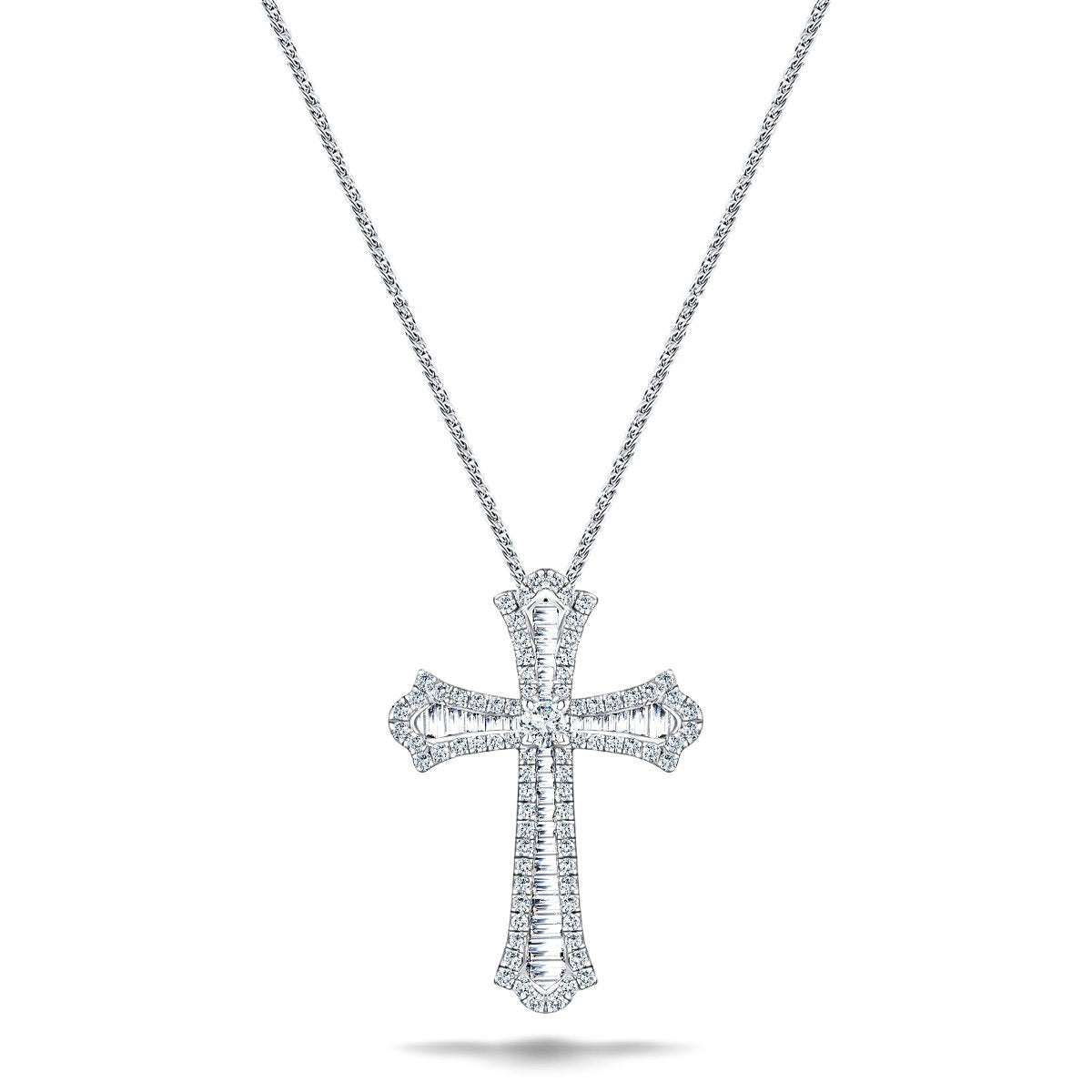 1.00ct Baguette and Round Cut Claw Set Diamond Cross in 18k White Gold - All Diamond