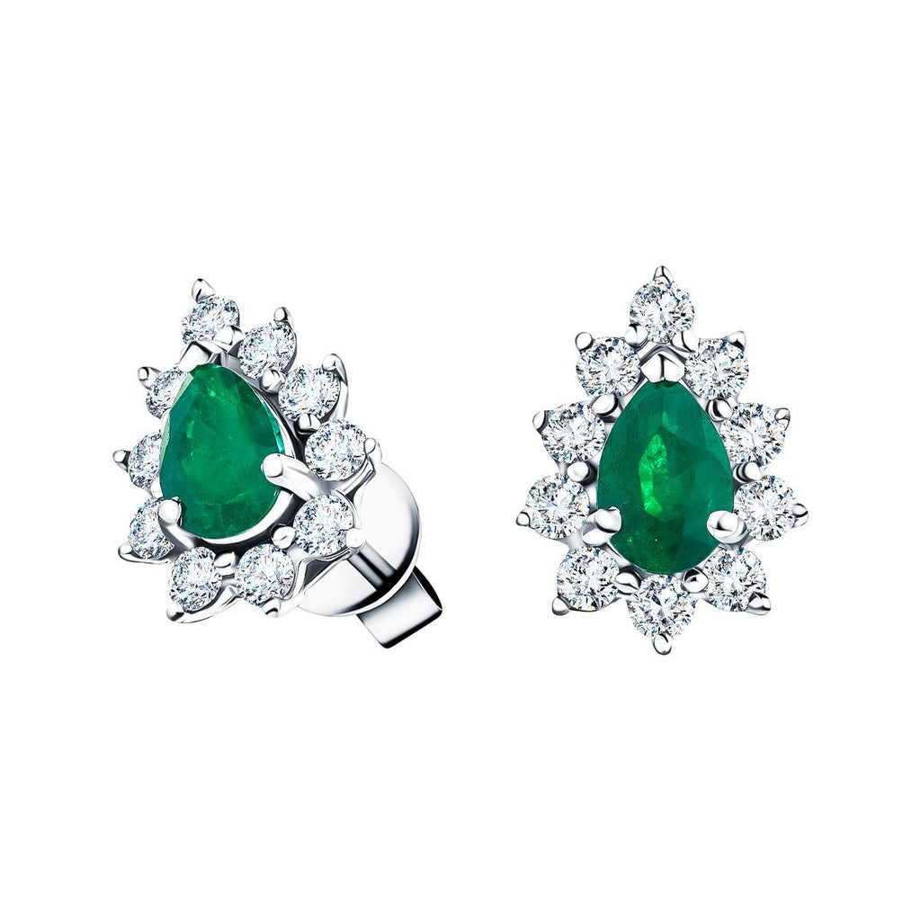1.20ct Emerald & Diamond Pear Cluster Earrings 18k Whtie Gold - All Diamond