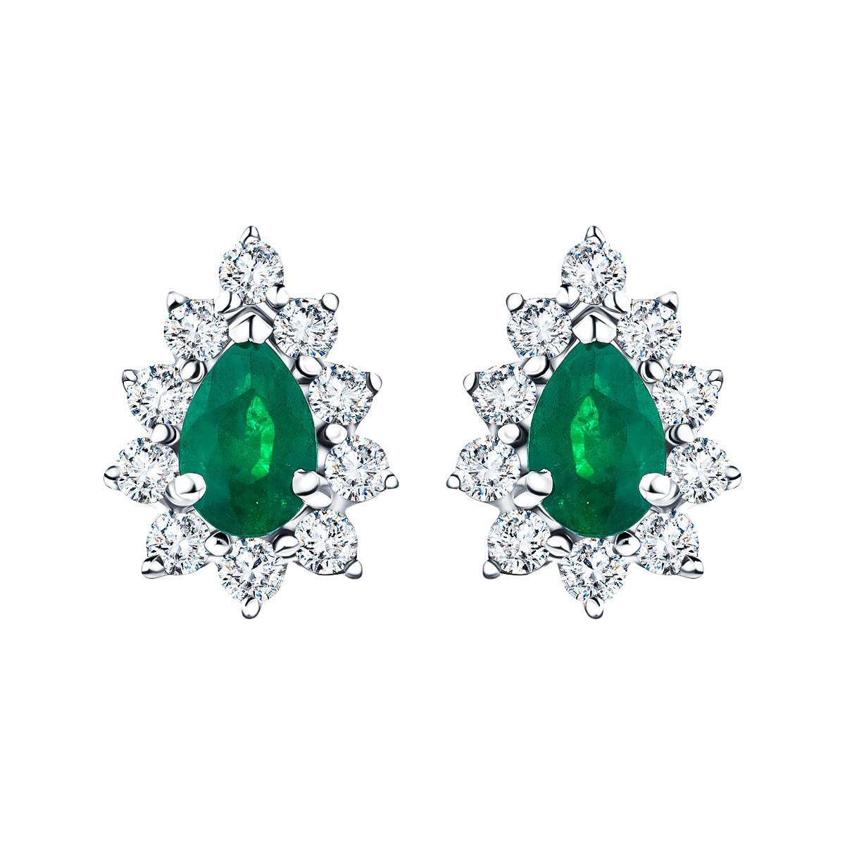1.20ct Emerald & Diamond Pear Cluster Earrings 18k Whtie Gold - All Diamond