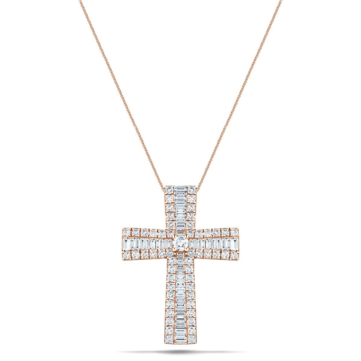 1.25ct Baguette & Round Cut Claw Set Diamond Cross in 18k Rose Gold - All Diamond