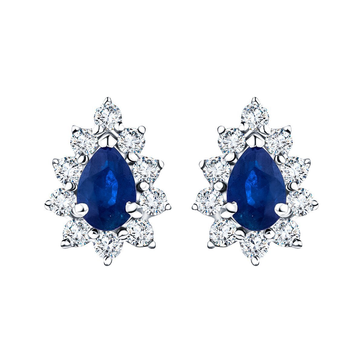 1.30ct Blue Sapphire & Diamond Pear Cluster Earrings 18k Whtie Gold - All Diamond