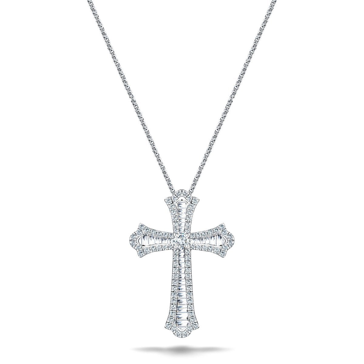 3.00ct Baguette & Round Claw Set Diamond Cross in 18k White Gold - All Diamond
