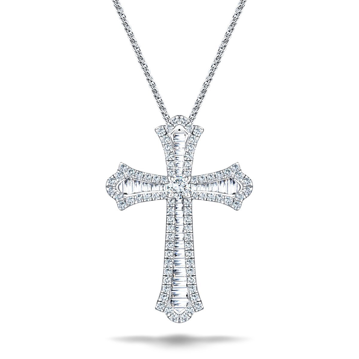 3.00ct Baguette & Round Claw Set Diamond Cross in 18k White Gold - All Diamond