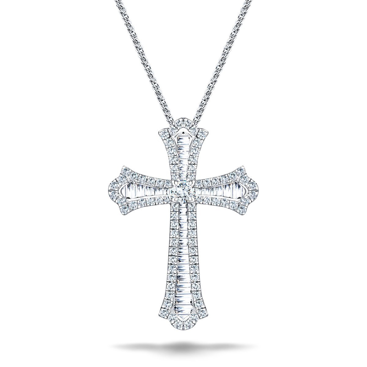 3.00ct Baguette & Round Claw Set Diamond Cross in 18k White Gold - All Diamond
