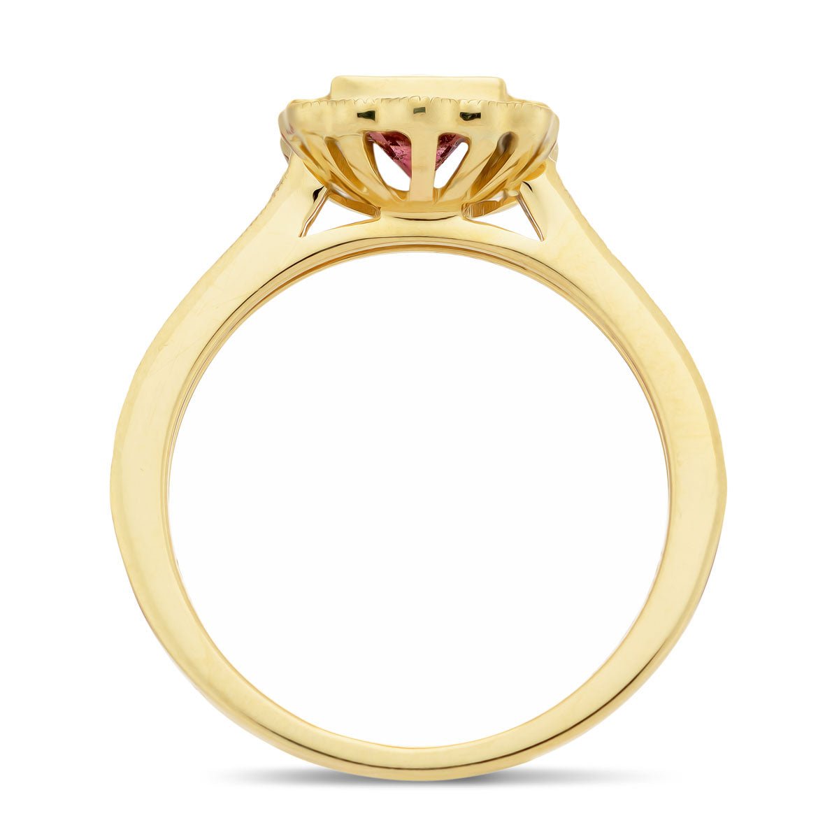 Art Deco Cushion Pink Tourmaline and Diamond 1.05ct Ring 18k Yellow Gold - All Diamond
