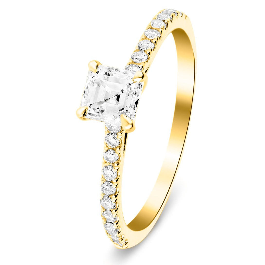 Asscher Cut Diamond Side Stone Engagement Ring 0.55ct E/VS in 18k Yellow Gold - All Diamond