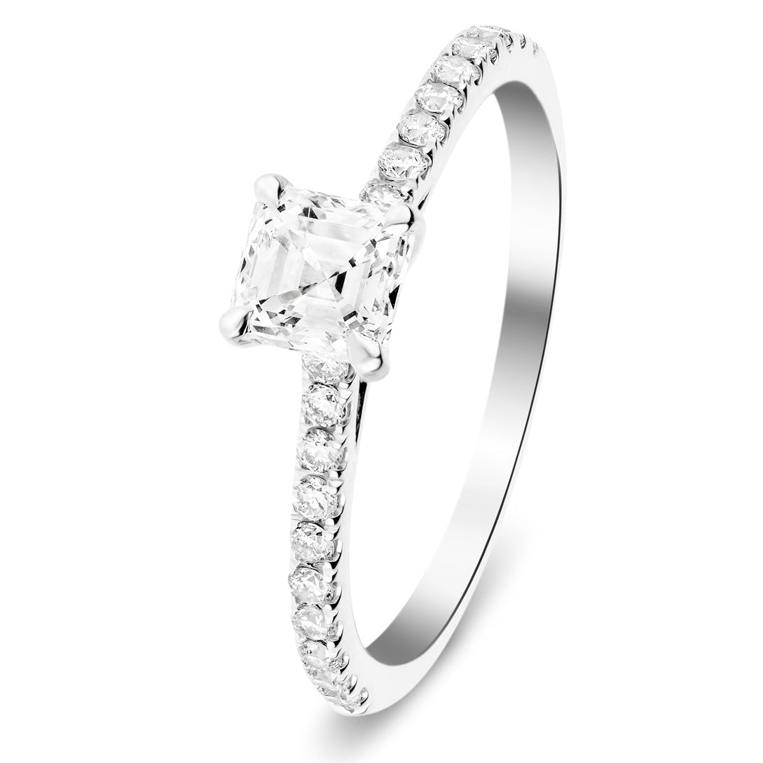 Asscher Cut Diamond Side Stone Engagement Ring 0.80ct E/VS in 18k White Gold - All Diamond