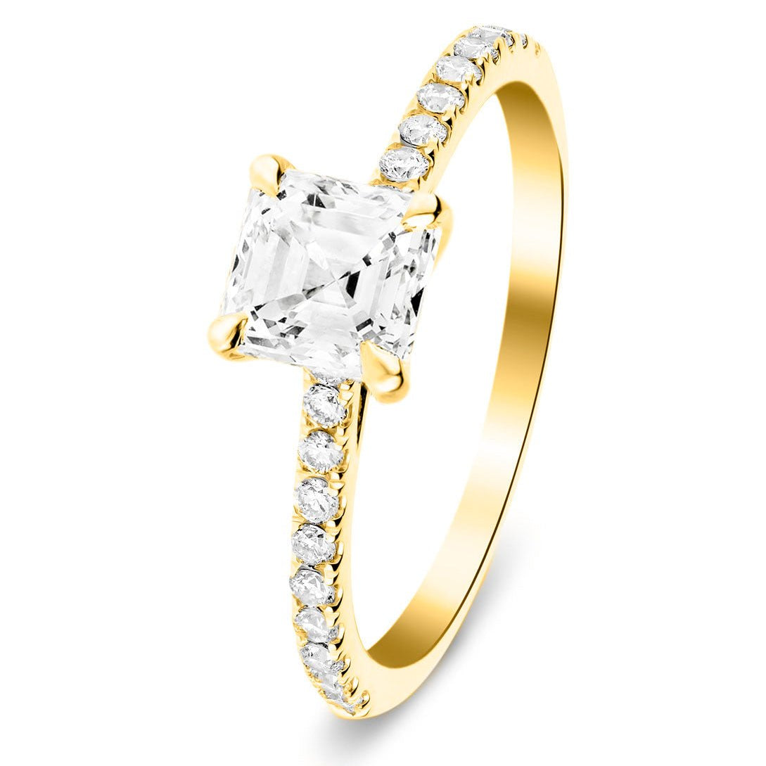 Asscher Cut Diamond Side Stone Engagement Ring 1.00ct E/VS in 18k Yellow Gold - All Diamond