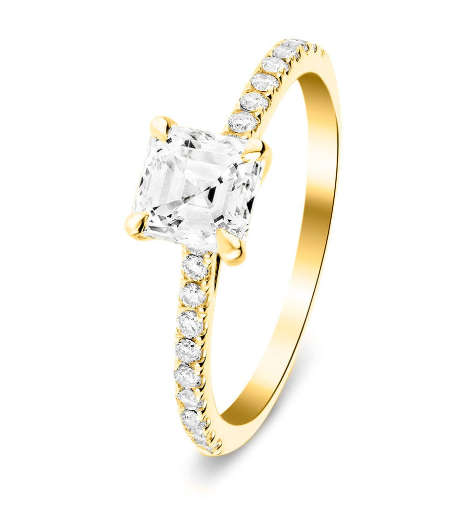 Asscher Cut Diamond Side Stone Engagement Ring 1.80ct E/VS in 18k Yellow Gold - All Diamond