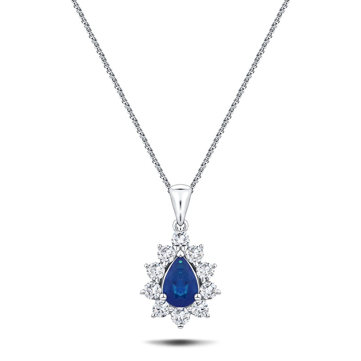Blue Sapphire 0.80ct & 0.50ct G/SI Diamond Necklace in 18k White Gold - All Diamond