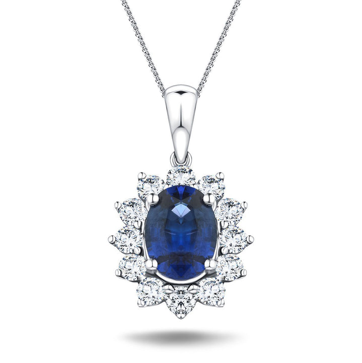Blue Sapphire 1.80ct & 0.70ct G/SI Diamond Necklace in 18k White Gold