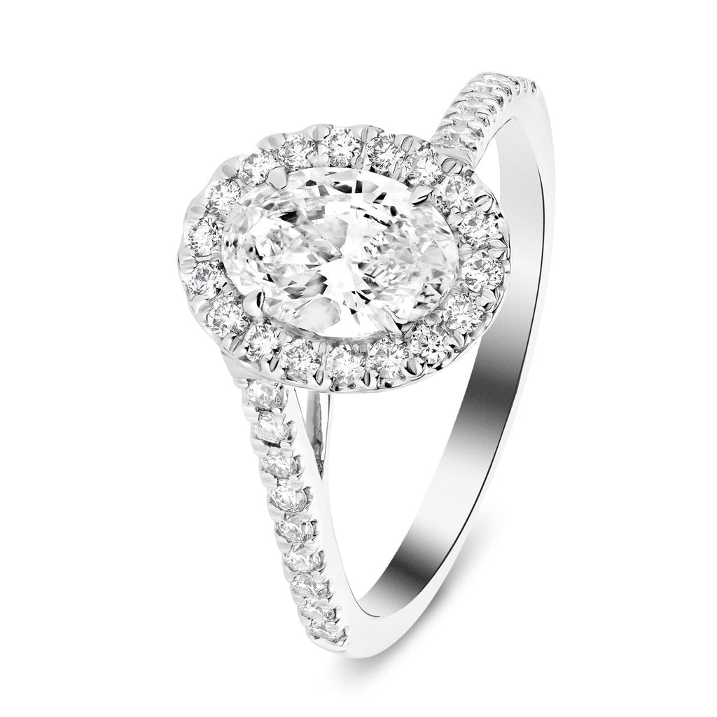 Certified Twist Oval Diamond Halo Engagement Ring 0.60ct E/VS in 18k White Gold - All Diamond