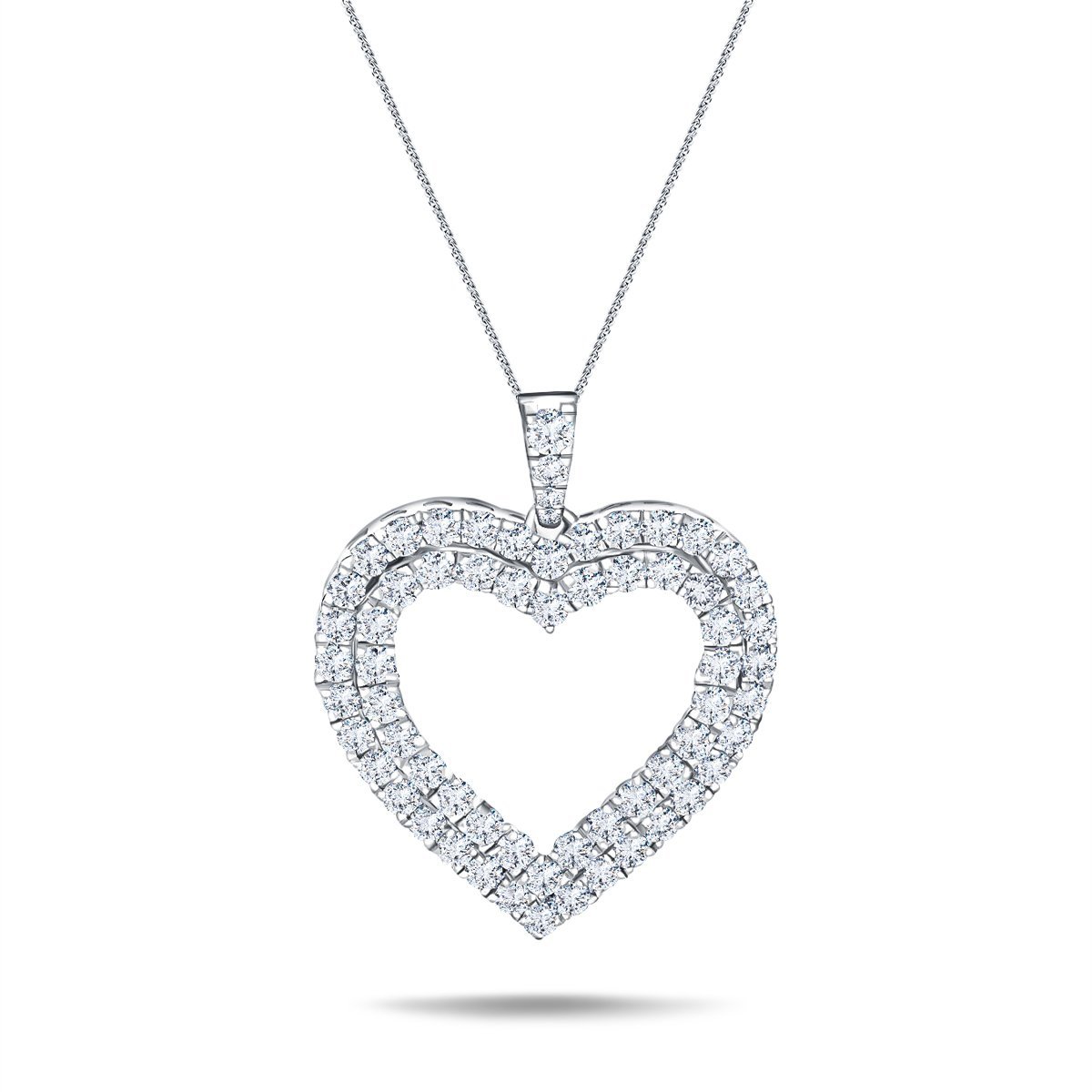 Double Row Heart Round 0.60ct Diamond Pendant in 18K White Gold - All Diamond
