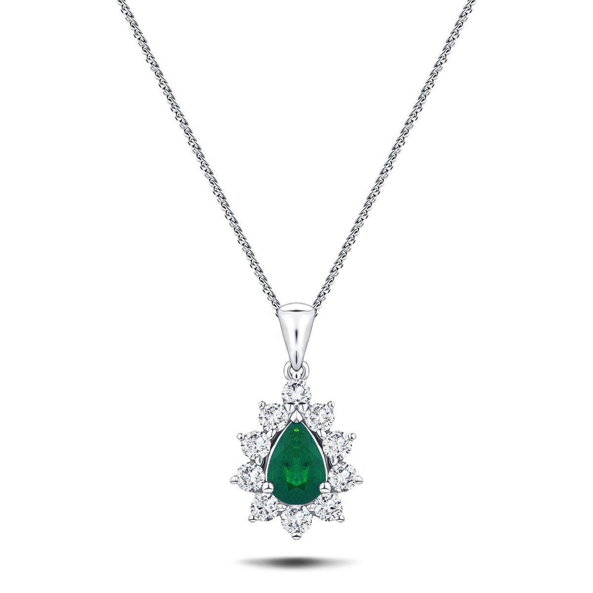 Emerald 0.45ct & 0.20ct G/SI Diamond Necklace in 18k White Gold - All Diamond
