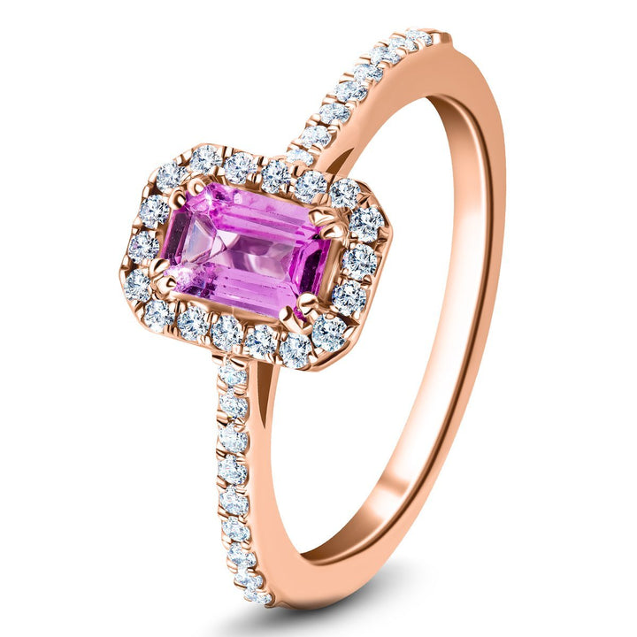Emerald Pink Sapphire & Diamond 0.90ct Halo Ring in 18k Rose Gold