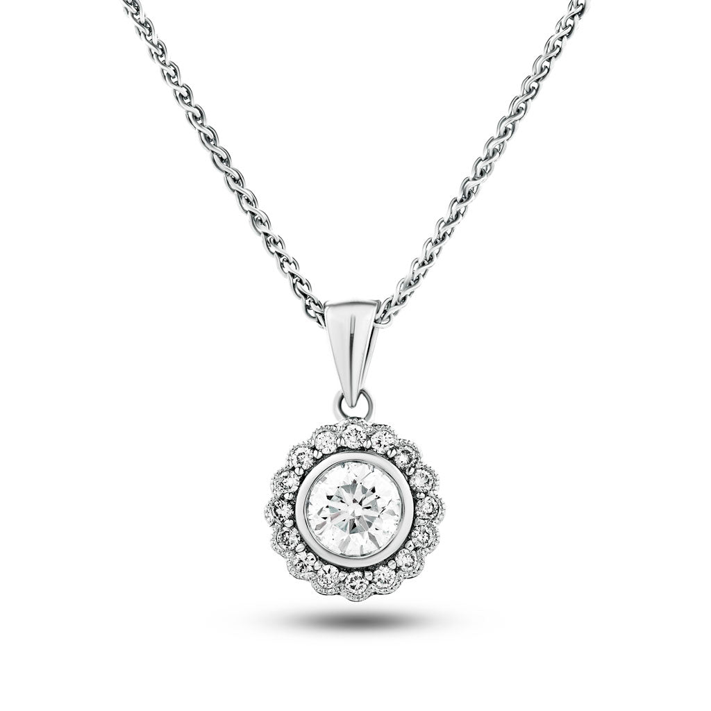 Flower Diamond Halo Pendant Necklace 0.50ct G/SI 18k White Gold - All Diamond