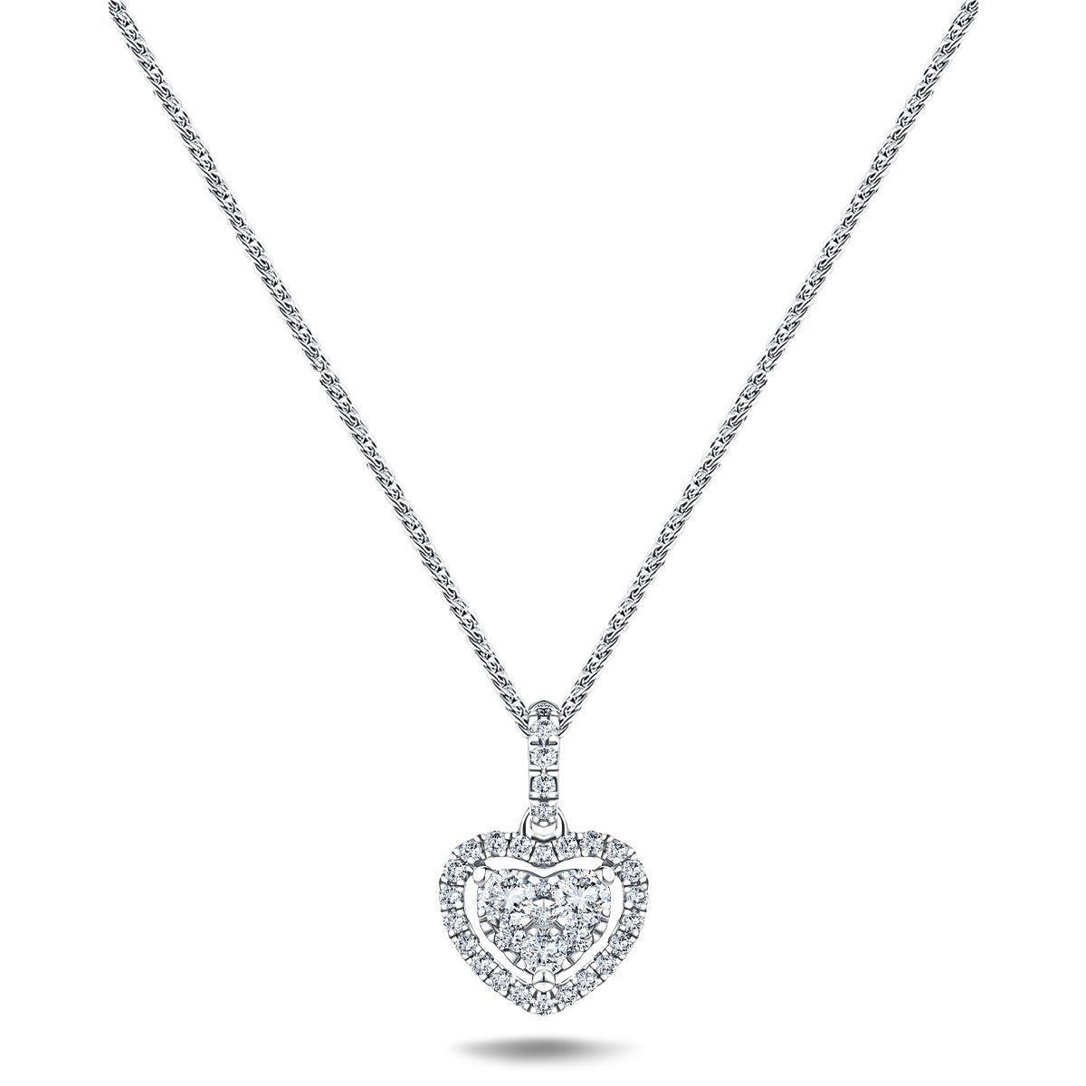 Halo Cluster Heart Necklace 0.70ct G/SI Diamond in 18K White Gold - All Diamond