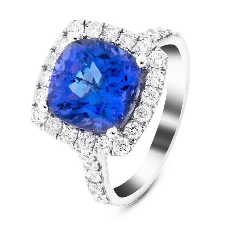 Halo Cushion Tanzanite 5.37ct and Diamond 1.00ct Ring in Platinum