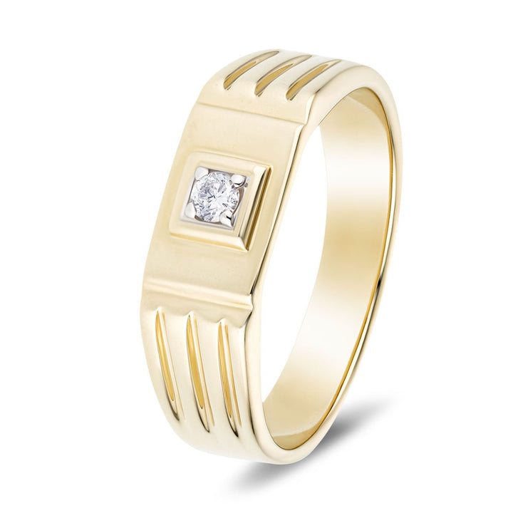 Mens Diamond Ridged Edge Signet Ring 0.08ct G/SI 9k Yellow Gold