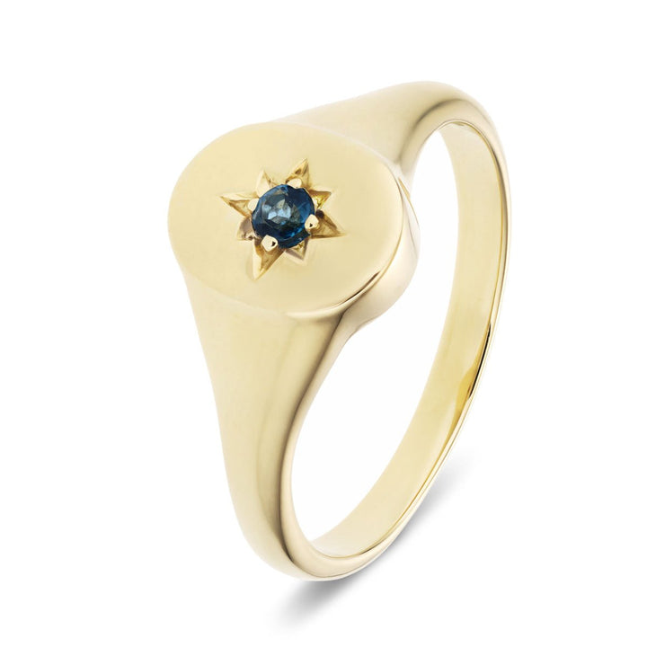 Mens Single London Blue Topaz Signet Ring 0.10ct in 9k Yellow Gold