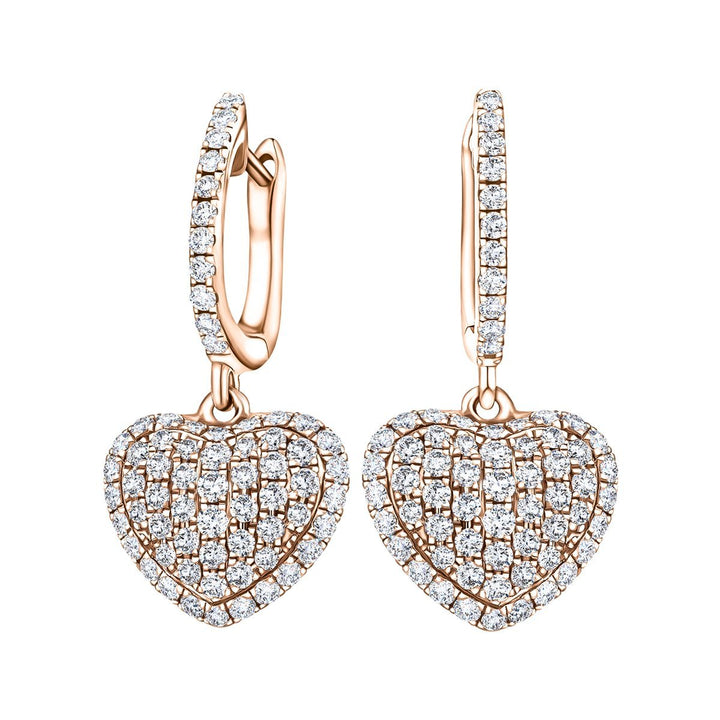 Pave Diamond Drop Heart Earrings 0.90ct G/SI Quality 18k Rose Gold