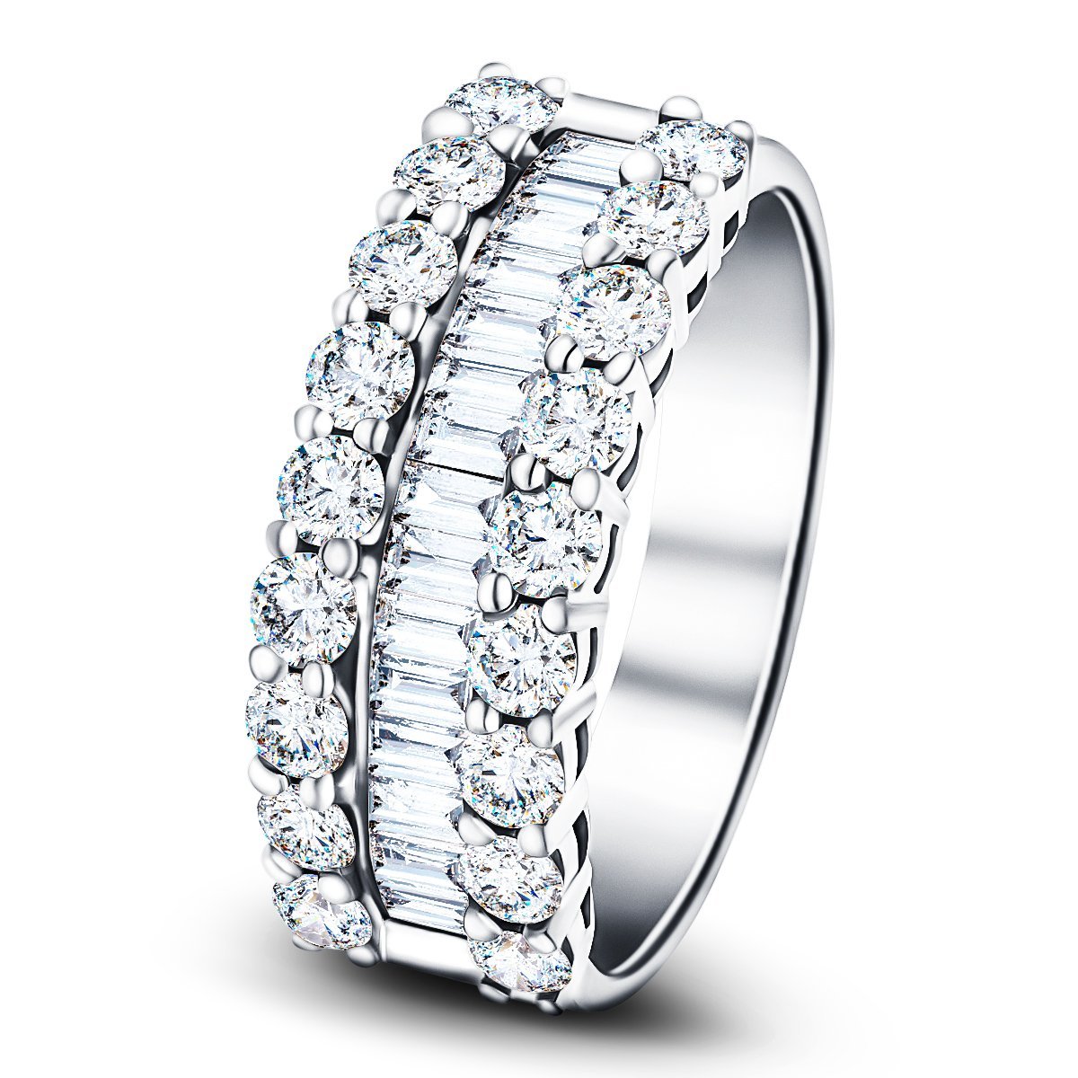 Round & Baguette Diamond Half Eternity Ring 1.50ct 18k White Gold 7.0mm - All Diamond