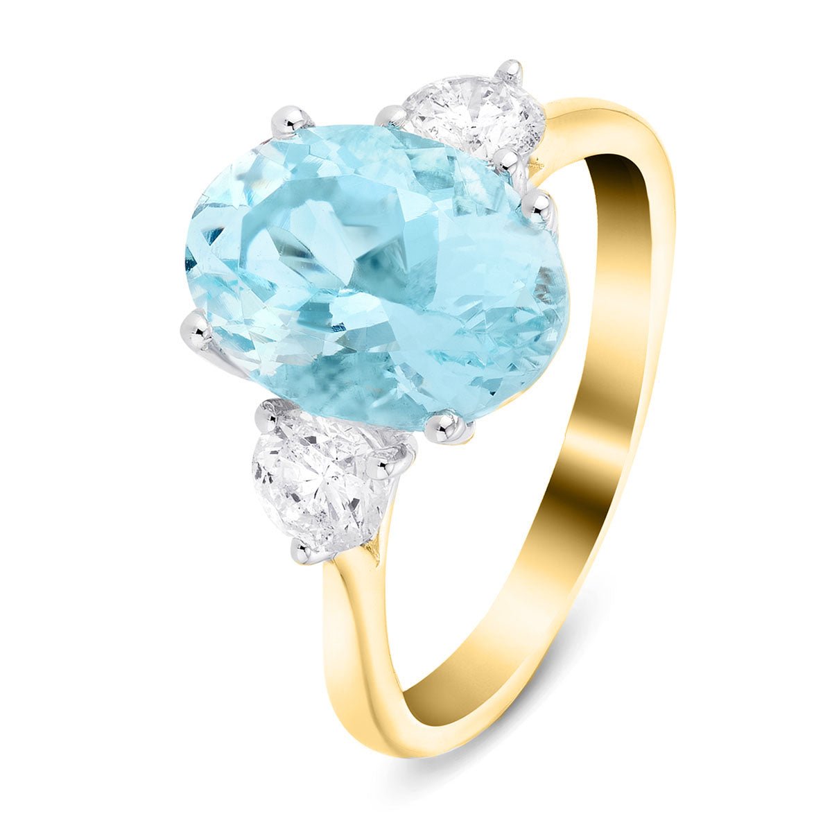 Three Stone Aquamarine 3.59ct & Diamond 0.68ct Ring in 18K Yellow Gold - All Diamond
