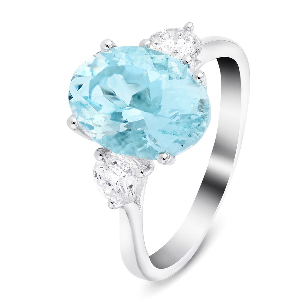 Three Stone Aquamarine 3.59ct & Diamond 0.68ct Ring in Platinum - All Diamond