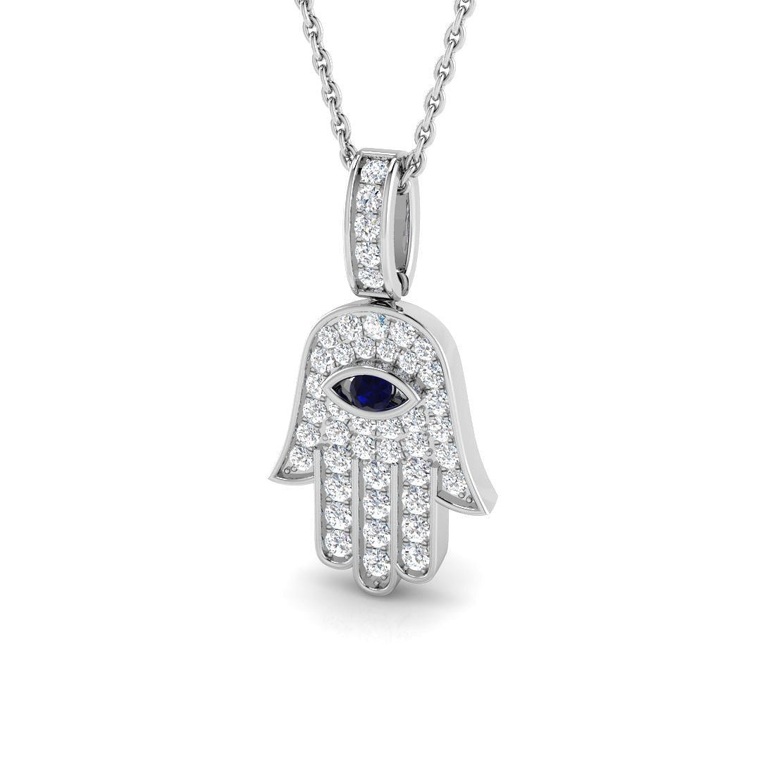 0.35ct Diamond Blue Sapphire 9k White Gold 'Evil Eye' Hamsa Pendant Necklace - All Diamond