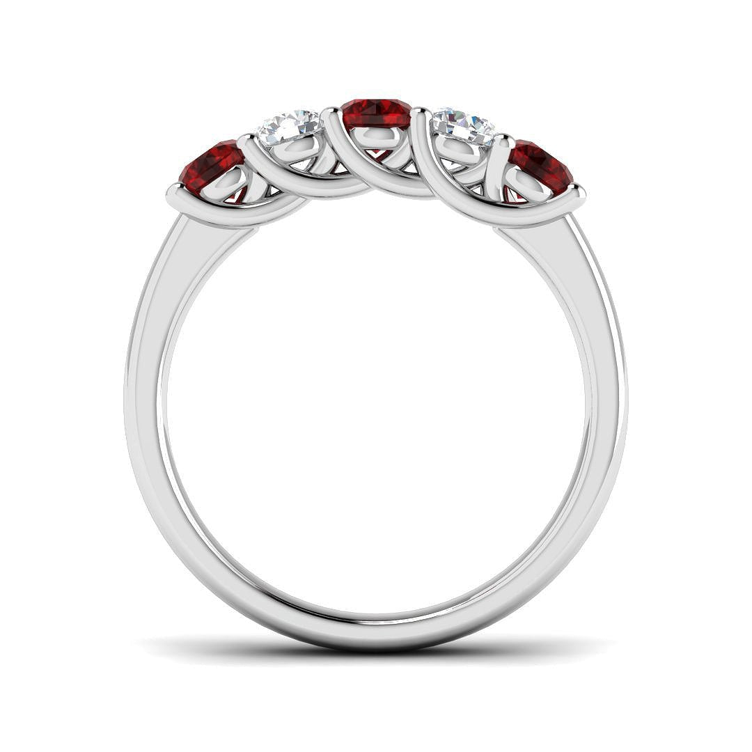 0.55ct Ruby 0.30ct Diamond Five Stone Ring 18k White Gold - All Diamond