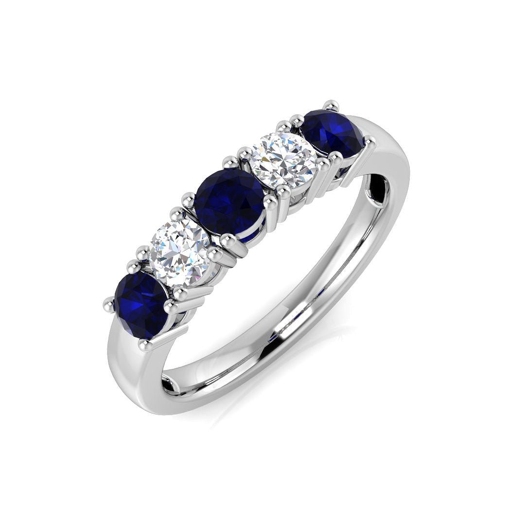 0.60ct Blue Sapphire 0.30ct Diamond Five Stone Ring 18k White Gold - All Diamond