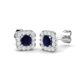 0.60ct Blue Sapphire & Diamond Square Cluster Earrings 18k White Gold - All Diamond