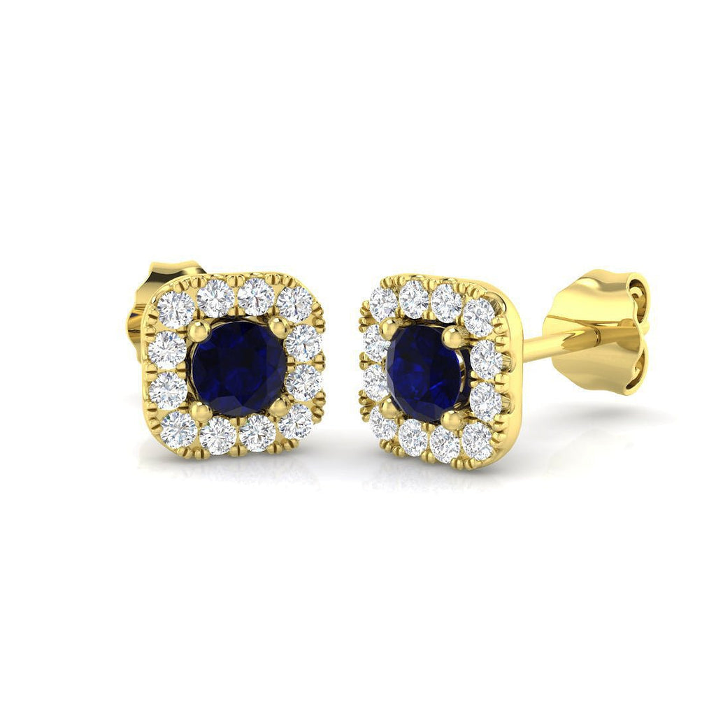 0.60ct Blue Sapphire & Diamond Square Cluster Earrings 18k Yellow Gold - All Diamond