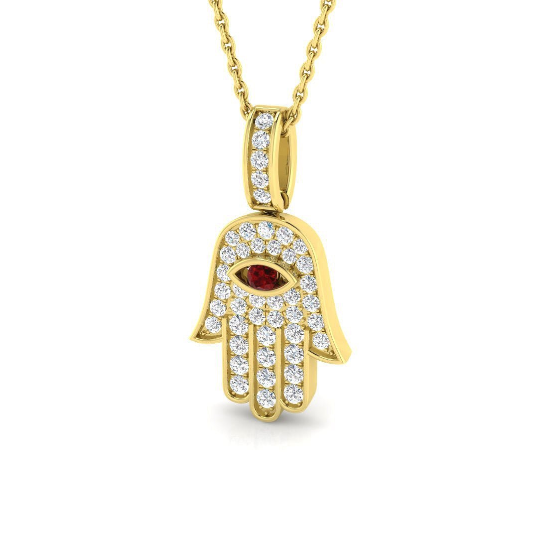 0.60ct Diamond Ruby 9k Yellow Gold 'Evil Eye' Hamsa Pendant Necklace - All Diamond