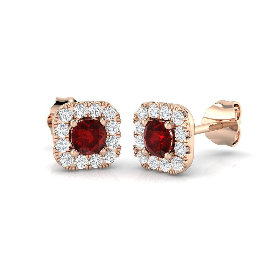 0.60ct Ruby & Diamond Square Cluster Earrings 18k Rose Gold - All Diamond