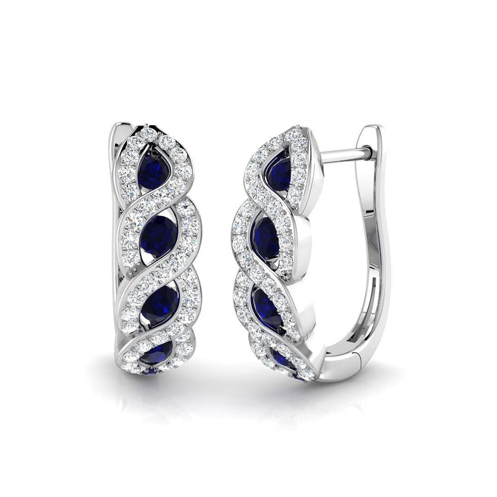 0.65ct Blue Sapphire & Diamond Hoop Earrings in 18k White Gold - All Diamond