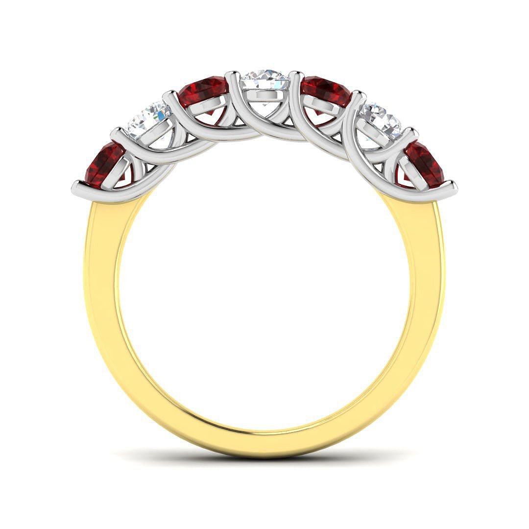 0.70ct Ruby 0.40ct Diamond Seven Stone Ring 18k Yellow Gold - All Diamond