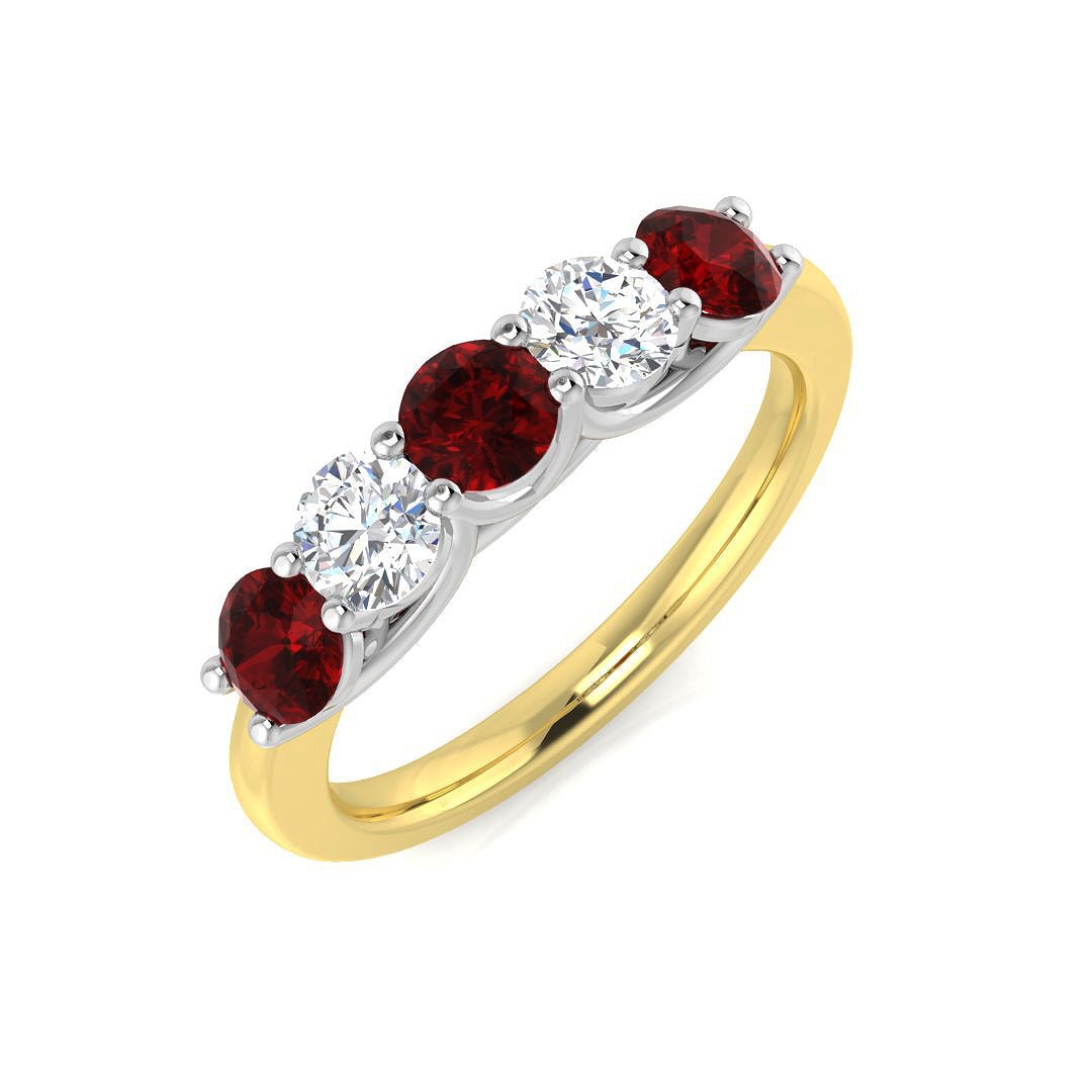 0.75ct Ruby 0.40ct Diamond Five Stone Ring 18k Yellow Gold - All Diamond