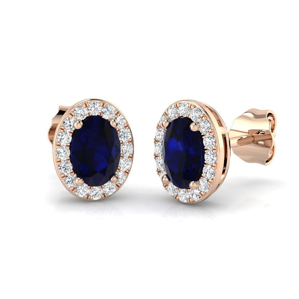 0.90ct Blue Sapphire & Diamond Oval Cluster Earrings 18k Rose Gold - All Diamond