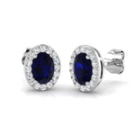 0.90ct Blue Sapphire & Diamond Oval Cluster Earrings 18k White Gold - All Diamond